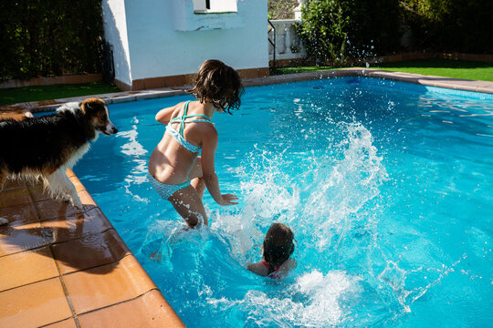 Children and dog jumping into swimming pool