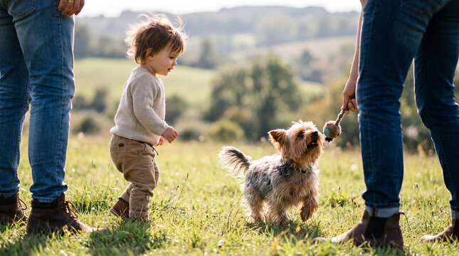 National Dog Day delivers a Yorkshire Terrier sharing precious moments with a toddler on sunny grass for children editorial imagery