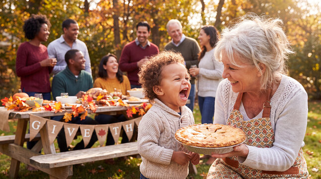 A cheerful Caucasian grandmother shares apple pie with her laughing toddler in a festive backyard for Thanksgiving holiday posters