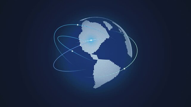 Digital earth with orbiting light trails and connecting nodes motion graphic technology background.