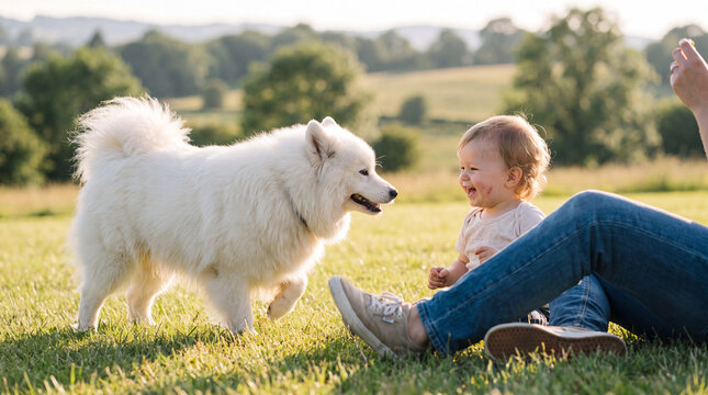 National Dog Day marks a Samoyed sharing friendship with a toddler on sunny grass for print advertising layouts