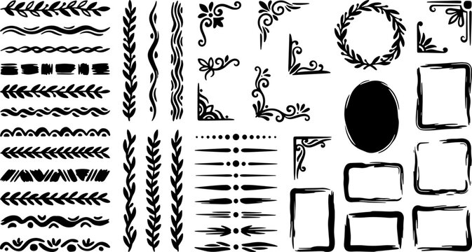 Collection of decorative black hand-drawn borders and frames on transparent background