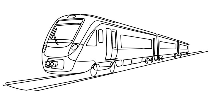 A continuous single line drawing of a modern passenger train traveling on railway tracks showing a simple creative artistic style for travel and transport Vector, illustration