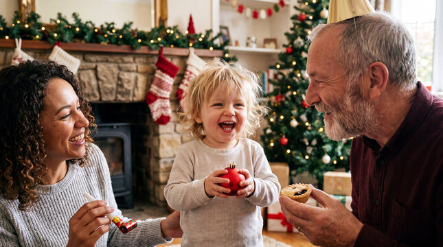 A cheerful toddler holds a Christmas ornament with mother and grandfather by a cozy fireplace for seasonal holiday greeting content