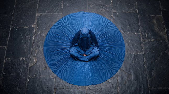 An Afghan woman in traditional blue burqa with mesh veil sitting on a stone floor, afghan woman, blue burqa, chadri, afghan chadri, muslim woman, islamic dress, hijab, face veil, mesh veil, traditiona