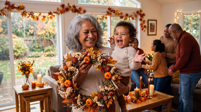 A Pacific Islander grandmother holds a Thanksgiving wreath with her laughing toddler in a bright living room for festive greetings