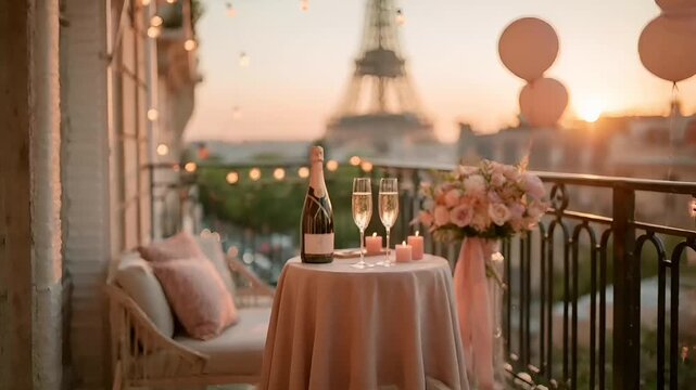 Paris, France, Europe. A romantic balcony scene at sunset, with the Eiffel Tower visible in the background. A table set with a bottle of champagne, two flutes filled with sparkling champagne.
