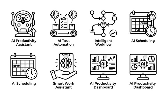 AI Productivity and Task Automation Line Icon Set