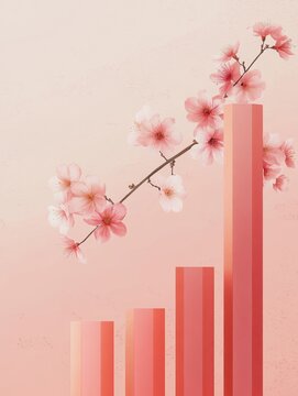 Business graph with increasing bars and cherry blossoms representing spring market success