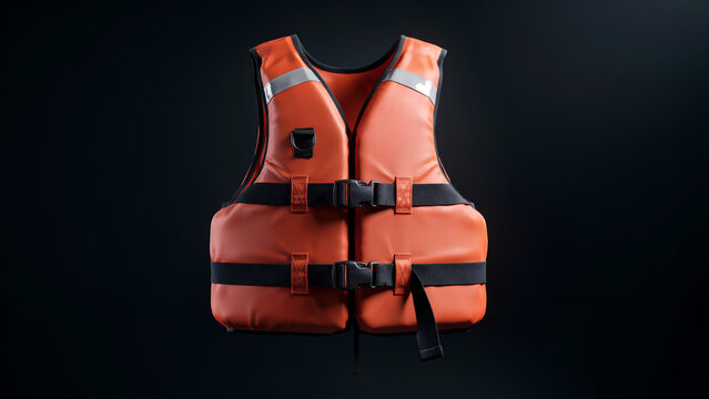 Orange life vest with reflective strips and buckles against a void for safety concepts