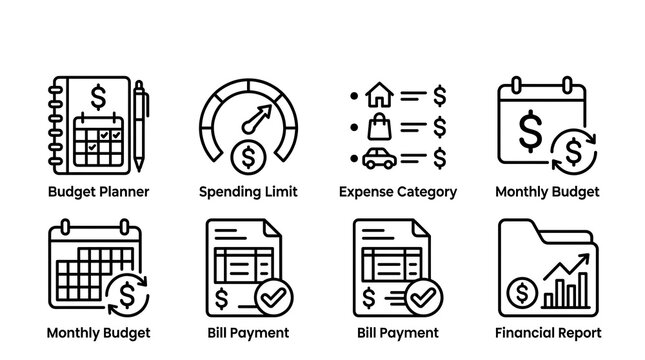 Financial budgeting icon set for personal money management