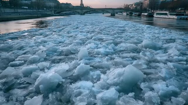 Paris, France, Europe. A vivid portrayal of a serene winter scene in Paris, France. The main subject is a river covered in ice, with the Eiffel Tower visible in the background.