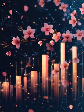 Stock market bar chart with blooming cherry blossom flowers on glowing dark background