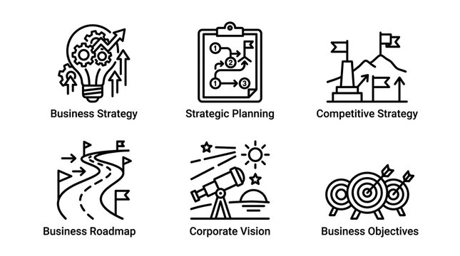 Business Strategy and Strategic Planning Line Icon Set