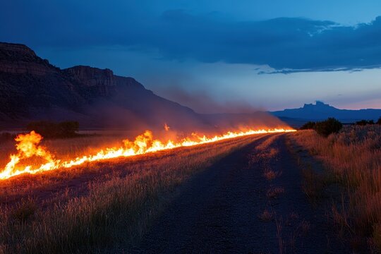 Line of bright fire flames in dry grass along road during evening natural disaster