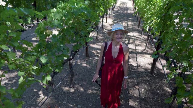 Woman walks through a vineyard in Napa or Sonoma. She smiles as she admires the grapes growing on the vine.