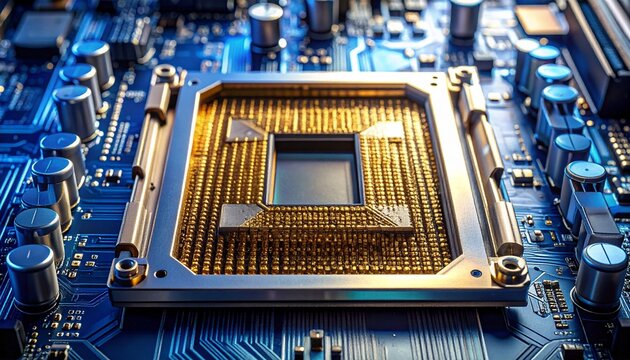 Computer Motherboard with Empty CPU Socket and Gold-Plated Precision Pins