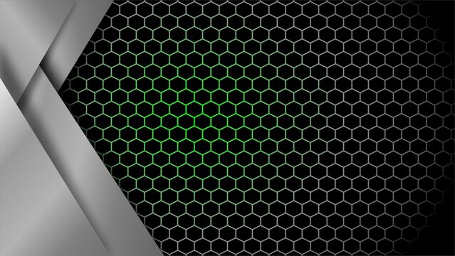 A modern abstract background featuring a hexagonal honeycomb grid pattern that radiates a stunning neon green glow from the center, fading out toward the dark edges. On the left side, an arrangement o