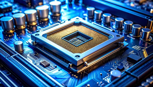 Computer Motherboard with Empty CPU Socket and Gold-Plated Precision Pins
