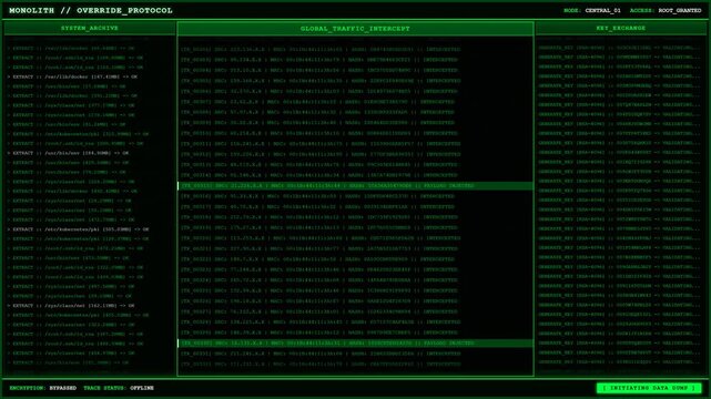 Monolith Override Protocol Network Traffic Intercept Animation.