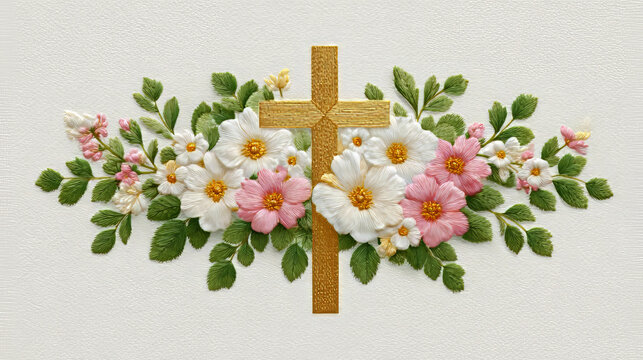 A golden Christian cross is centered, framed by symmetric clusters of white and pink blooms and lush green leaves, set against a soft off-white textured background, presenting solemn devout religious