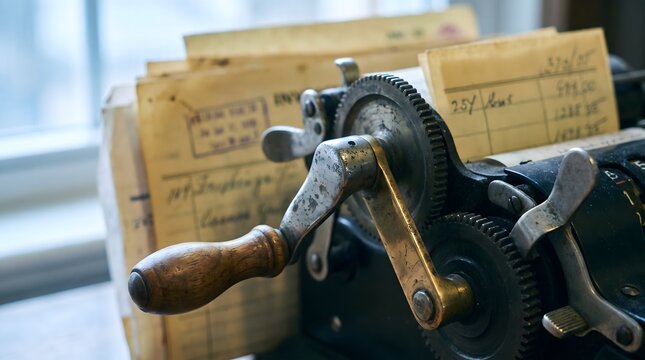 Close up of mechanical crank handle on vintage adding machine with accounting receipt paper.