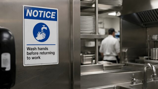 Close-up blue and white hygiene notice sign mounted on stainless steel wall in busy commercial kitchen, with dish rack, sinks, prep area, and chef in white uniform softly blurred behind