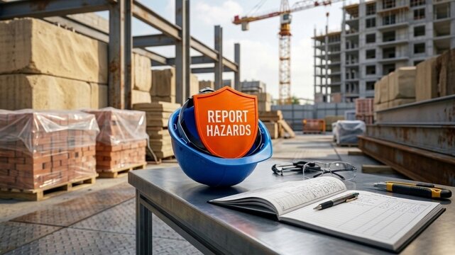 Construction helmet bearing a hazard warning sign sits on a workstation table amidst a developing building site.