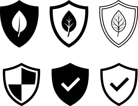 Set of black and white shield icons featuring leaf and checkmark designs for security and environmental protection concepts