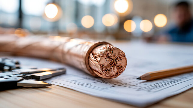 Section of thick copper electrical cable with exposed stranded conductor resting on a technical blueprint calipers and a pencil beside it bright engineering workshop bench with