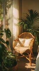 Fototapeta premium Sunlight streams through a window, casting warm golden hues on a cozy rattan chair adorned with soft textured cushions, surrounded by lush green houseplants in a serene indoor sanctuary