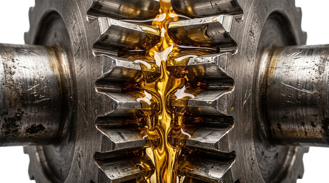 Industrial metal gears with golden lubricating oil, mechanical engine parts with thick amber grease, heavy machinery gear system maintenance