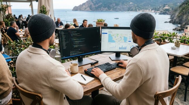 Digital nomads coding on computers at outdoor cafe with sea view, working remotely in a scenic coastal location.