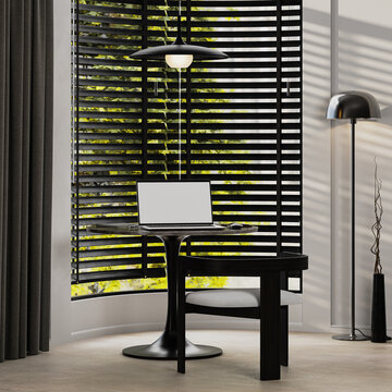 Blank laptop screen mockup on a table, 3d render