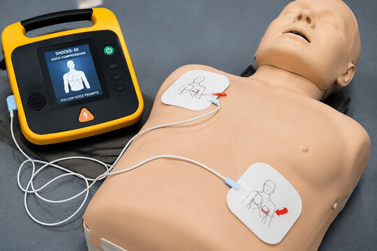 Automated external defibrillator with electrode pads on a training manikin.