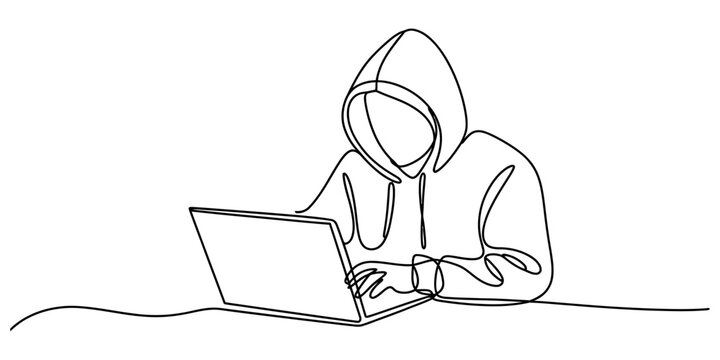 Continuous single line drawing of a mysterious hacker wearing a hoodie sitting and working on a laptop computer representing cyber security and internet crime Vector, illustration