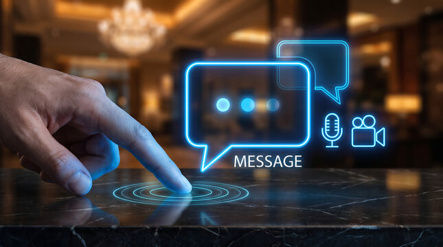 Interactive digital messaging interface concept with finger touching holographic chat bubble icons for business communication interface holographic technology interactive