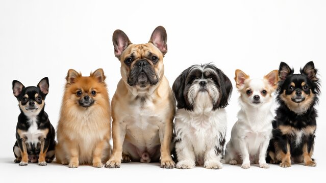 Six small breed dogs sitting in a row on a white background including a black Chihuahua and an orange Pomeranian and a fawn French bulldog and a Shih Tzu and two other Chihuahuas