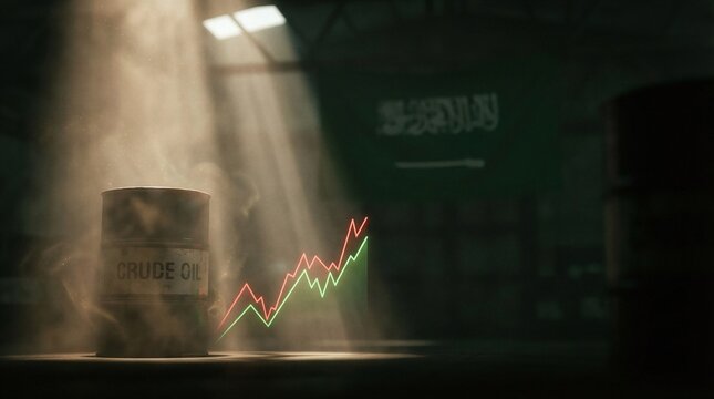 Saudi Arabia Crude Oil Barrel in Warehouse with Rising Financial Line Chart