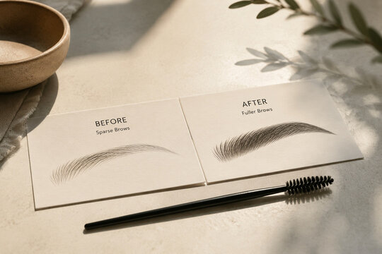 Split-frame eyebrow comparison with two shape templates and spoolie brush, brow design and shaping concept