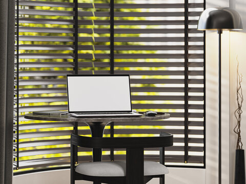 Blank laptop screen mockup on a table, 3d render