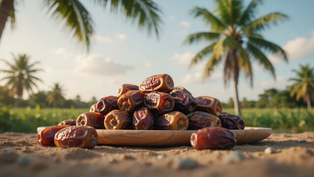 Fresh sweet dates fruit pile on a sunny tropical beach