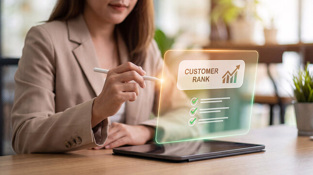 businesswoman touching glowing customer rank interface with checklist and rising chart above tablet to evaluate client tier status, track satisfaction score, and support account management strategy