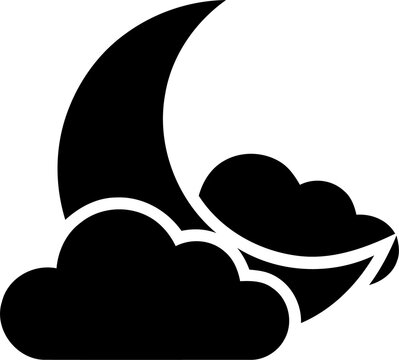 Black crescent moon icon with clouds symbol isolated on transparent background
