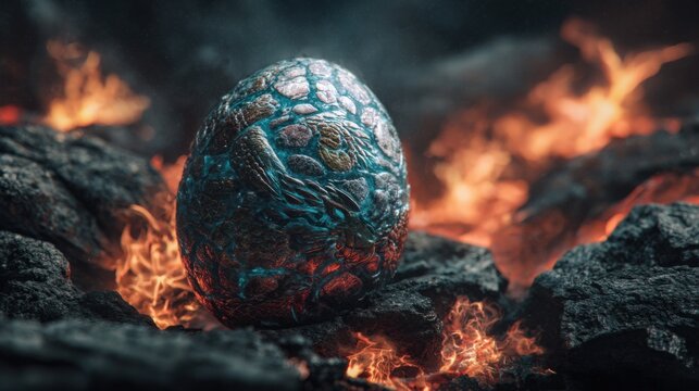 Mystical crystal dragon egg resting among glowing lava rocks while golden flames rise around it, dramatic fantasy realism, premium cinematic
