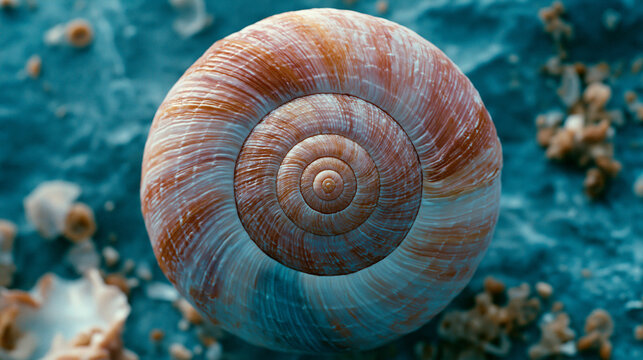 Macro top view of a spiral snail shell featuring natural patterns.