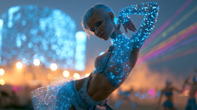 Futuristic woman dancing at a futuristic music festival.