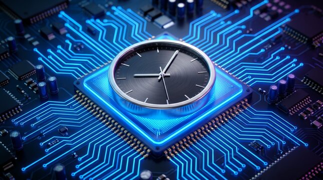 Metallic round clock face sitting centrally on a glowing blue electronic processor unit with sharp details and bright neon lighting