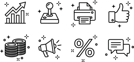 Business marketing and social media vector line art icon set with growth chart joystick printer thumbs up coins megaphone percentage and chat bubbles © MDHELAL