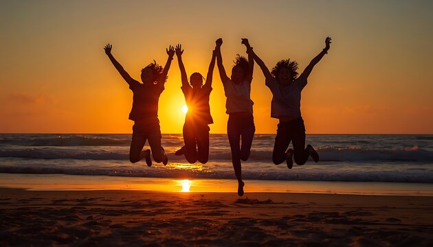 Diverse friends jumping on beach at sunset. Happy group celebrating summer vacation.